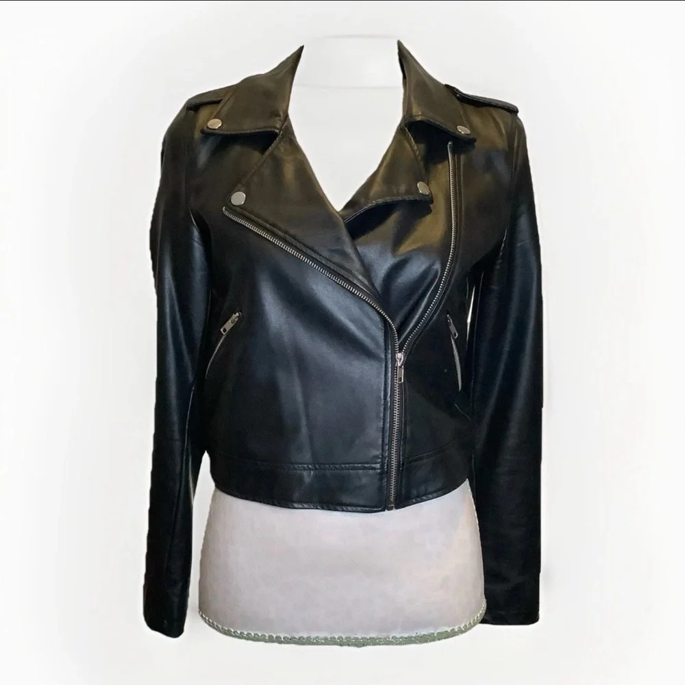 Vegan Black Leather Jacket Small Moto Faux Short Silver Accents